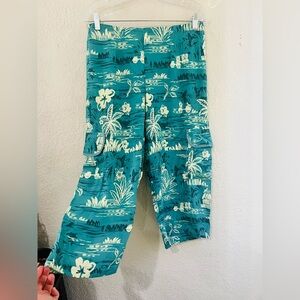 Hawaiian women’s  Linen Wide Leg Cropped Tropical Print Elastic Womens size S
